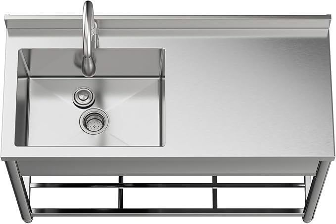 Commercial Sink with Drainboard, Stainless Steel Utility Sink with Pull-out Faucet, Free Standing Single Bowl Kitchen Sink with Workbench for Restaurant, Garage, Outoor, 21.7"D x 47.2"W x 37"H