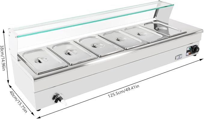 DYNAMI 110V 1200W 6 Pan Commercial Buffet Food Warmer, 6 x 3.1QT 1/3 GN 6in Deep Stainless Steel Electric Countertop Steam Table with Glass Cover & Temperature Control,for Parties Buffet Catering