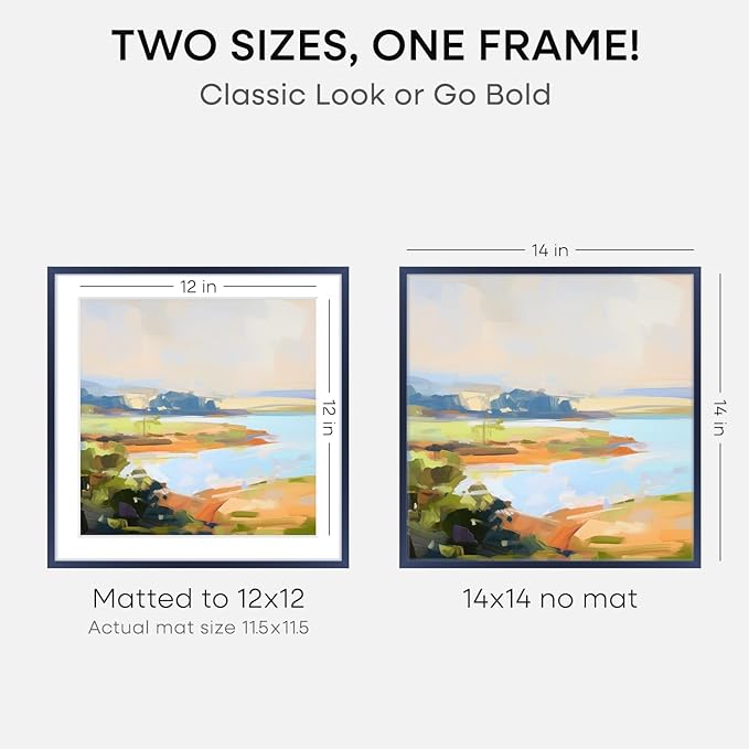 Homeforia 14x14 Picture Frame Navy Blue, High End Metal 14 x 14 Square Poster Frame with Mat 12 x 12 Photo, 14x14 Frame Matted to 12x12 Print, 14by14 Hanging Frames, Tempered Glass, Wall Kit, Set of 1