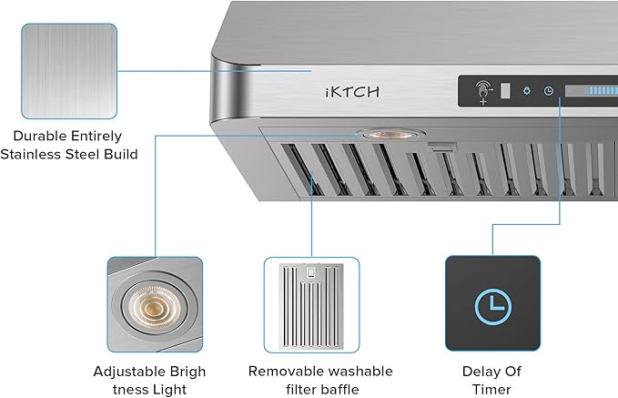 IKTCH Under Cabinet Range Hood 36 Inch,390-CFM Ducted Kitchen Vent Hood with 2 LED Light, 4 Speed Gesture & Touch & Remote Control, Silver Stainless Steel, with 2 Pcs Baffle Filter