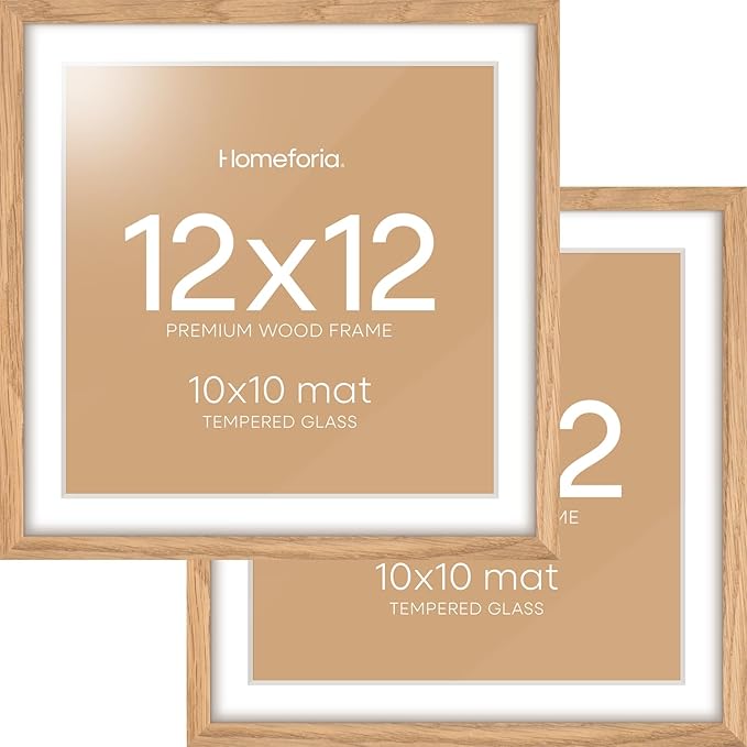 Homeforia 12x12 Light Wood Frame, High End Natural Oak 12 x 12 Square Picture Frames with Mat 10 by 10 inch Photo, 12by12 Wooden Poster Frames Matted to 10x10 Print, Tempered Glass, Wall Kit, Set of 2