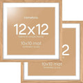 Homeforia 12x12 Light Wood Frame, High End Natural Oak 12 x 12 Square Picture Frames with Mat 10 by 10 inch Photo, 12by12 Wooden Poster Frames Matted to 10x10 Print, Tempered Glass, Wall Kit, Set of 2
