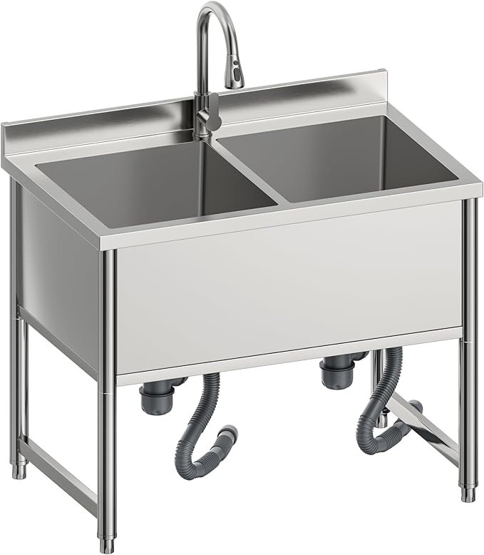 35" Stainless Steel Commercial Sink 2 Bowl Freestanding Kitchen Sink with Pull-out Faucet, Large Utility Sink for Kitchen, Dishwashing, Thawing, Laundry Room, Garage, Outdoor, Total Capacity 36 Gallon