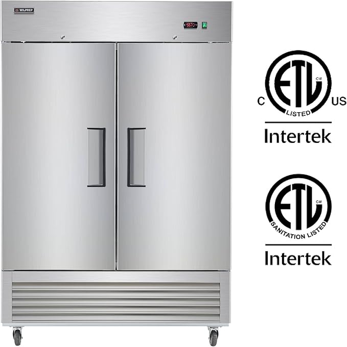 Wilprep 54" W Commercial Freezer 2 Door 2 Section Upright Freezer Stainless Steel Reach-in Solid Door Upright Fan Cooling 42.2 Cu.ft Freezer for Restaurants, Bars, Shop, ETL-Listed
