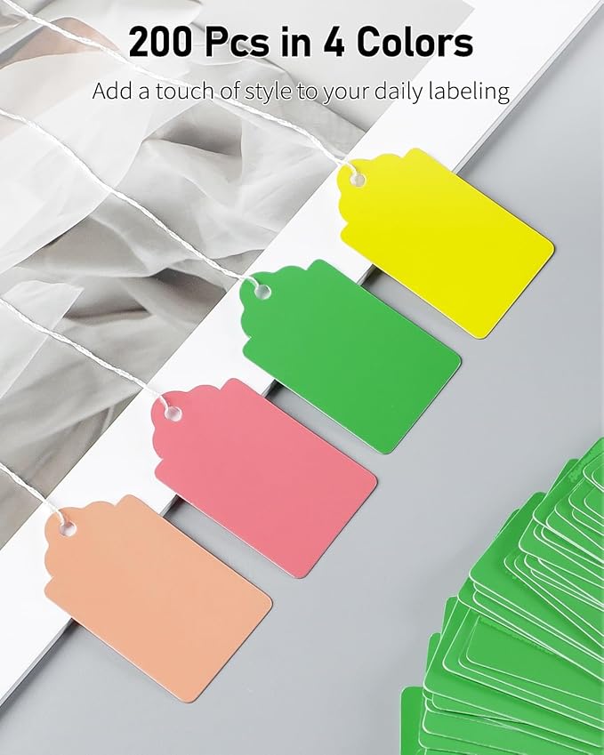 Uniclife 200 Pcs Price Tags with String Attached 1.8 Inch Writable Colored Hang Tag String Tags for Pricing Clothing Jewelry Price Display Labels Blank Merchandise Marking Paper Tag, 1.8" x 1"