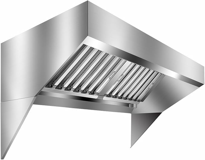 4FT Commercial Kitchen Exhaust Hood, Wall Mount Stainless Steel Vent Hood with Detachable u-Shaped Grease Filters, Rust-Resistant Restaurant Range Hood for Food Truck Cooking Station Concession Traile