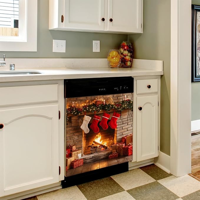 Christmas Fireplace Dishwasher Magnet Cover for The Front Dishwasher Door Cover Panel Decals Magnetic Refrigerator Cover for Kitchen Farmhouse Home Decor（23 X 26 in）