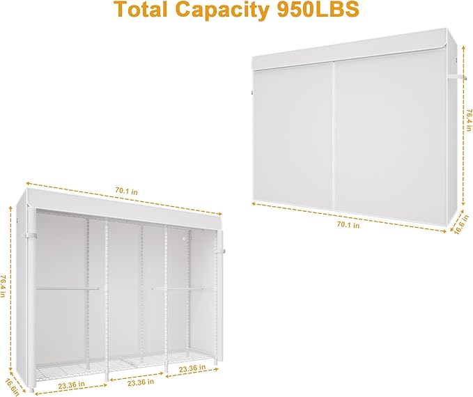 E14C Heavy Duty Closet Organizer System，Freestanding Clothing Racks for Hanging Clothes，Adjustable Garment Rack 70.1" W × 16.6" D × 76.4" H Hold 960 lbs，White Rack with White Dustproof Cover