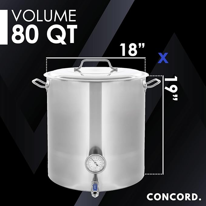 CONCORD Stainless Steel Home Brew Kettle Stock Pot (Weldless Fittings) (80 QT/ 20 Gal)