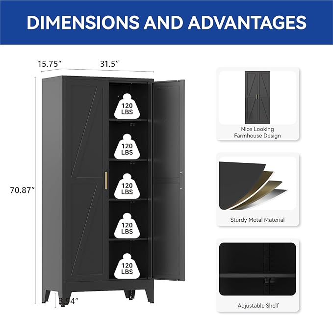 COFaR 71'' Tall Metal Pantry Cabinet, Kitchen Storage Cabinet with Doors and Shelves, Freestanding Farmhouse Food Cupboard for Kitchen Dinning Room Garage, Black 5-Tier