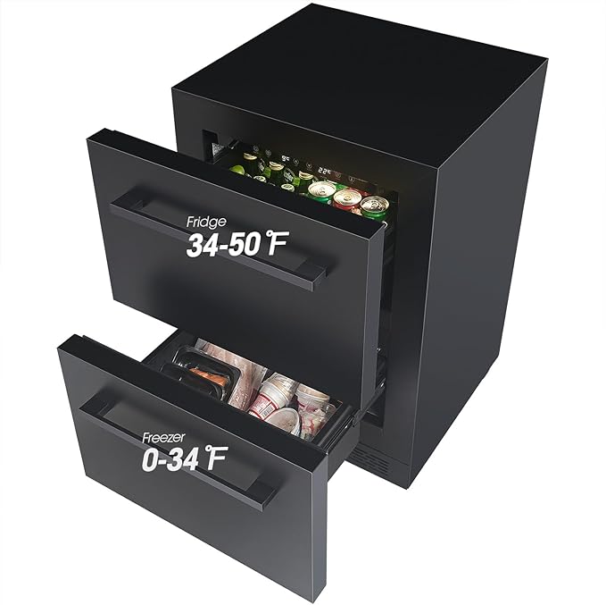 24' mini fridge Under Counter Double Drawer Beverage Refrigerator, Indoor & Outdoor Fridge for Patio, Kitchen & Bar, Weatherproof, Black