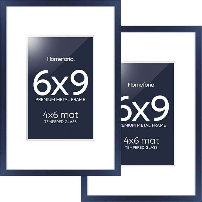 Homeforia 6x9 Picture Frame Navy Blue, High End Metal 6 x 9 Frames with Mat 4 x 6 for Print, 6by9 Desk Frame Matted to 4x6 inch Photo, 6 by 9 Wall or Tabletop Frame, Tempered Glass, Wall Kit, Set of 2