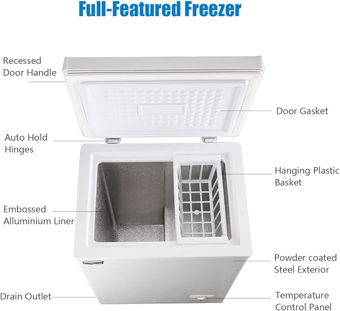 WANAI Chest Freezer 3.5 Cubic Feet Mini Small Deep Freezers with Adjustable Thermostat Top Open Door Freezer Compressor Cooling with Rmovable Storage Basket for Home, Kitchen Office Apartment, Black