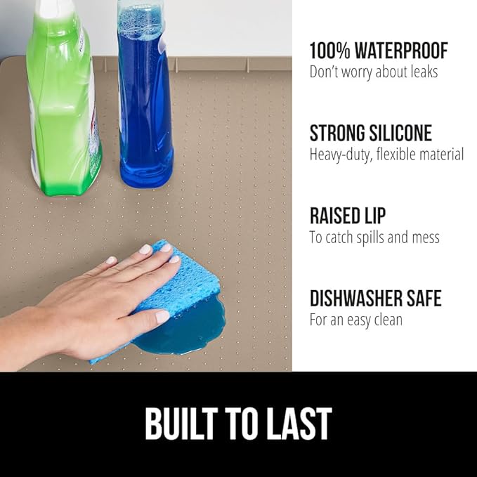 GORILLA GRIP Waterproof Silicone Under Sink Mat with Raised Lip for Kitchen and Bathroom, 31 x 22 in, Cabinet Shelf Liner Stay in Place Mats Dishwasher Safe Drawer Liner, Organizer Tray, Beige
