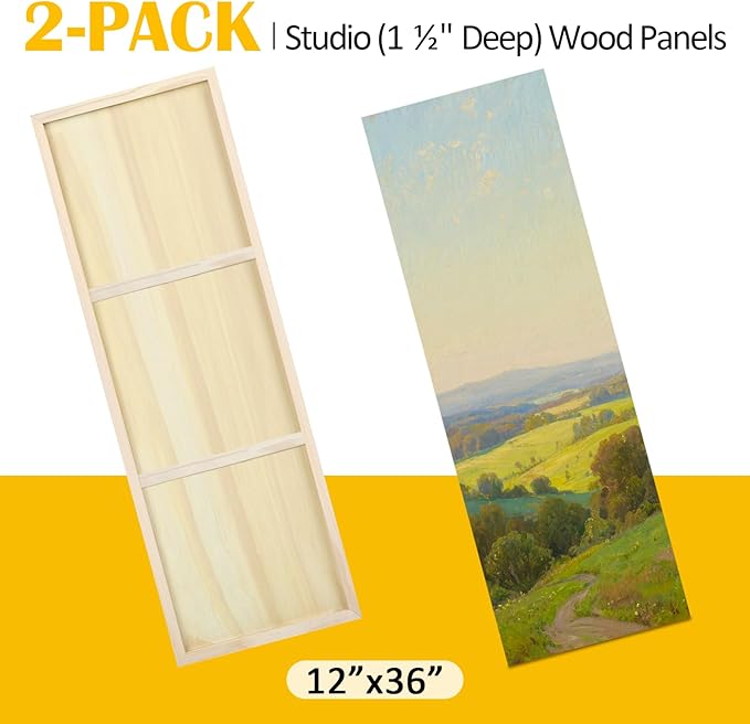 Falling in Art 2 Pack Unfinished Wooden Canvas Panels, 12x36 Gallery Birch Wood Panels Kit, 1 1/2" Deep Art Cradle Boards for Acrylic Painting, Pouring and Burning