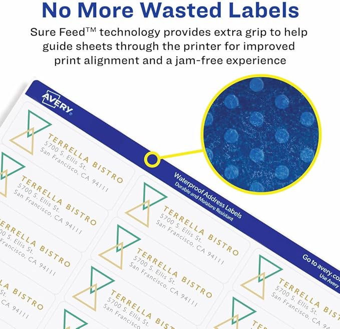 Avery Waterproof Sticker Labels for Printer - 1"x2-5/8" Mailing Labels, Ultrahold Permanent Adhesive, Laser Printers, 15,000 Printable Avery Address Label Sheets (95520)