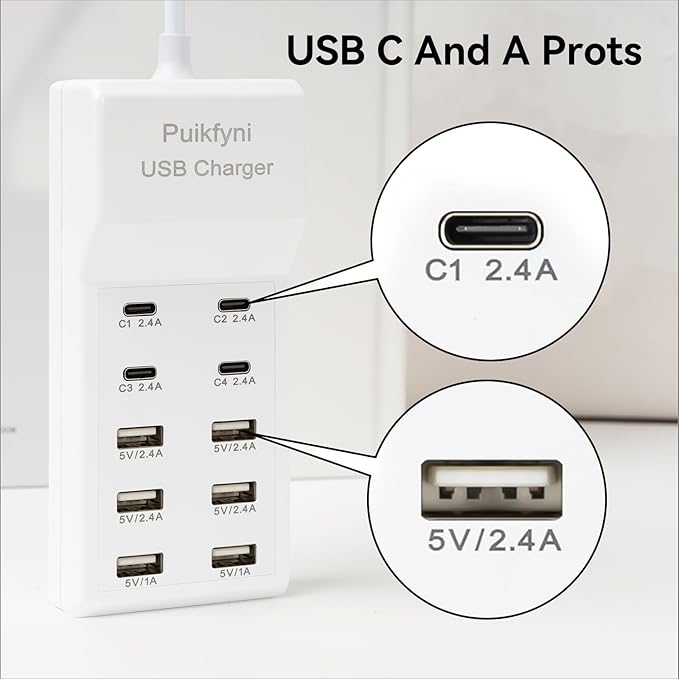 Portable USB C Charging Station,4 -C- Ports, USB Charging hub 10-Ports/USB c Charger Block for Multiple Devices Phones Tablet Smartwatch Headphones Speakers (USB-4C+6A)