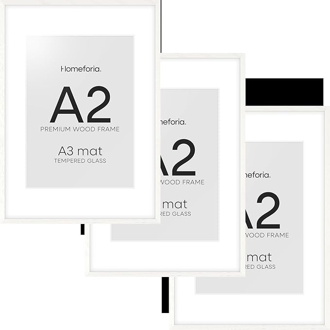 Homeforia A2 White Wood Frame, High End Oak 16.5 x 23.4 White Wooden Poster Frames Matted to 11.7 by 16.5 in Photo, A2 Size Wood Picture Frame with Mat A3 for Print, Tempered Glass, Wall Kit, Set of 3