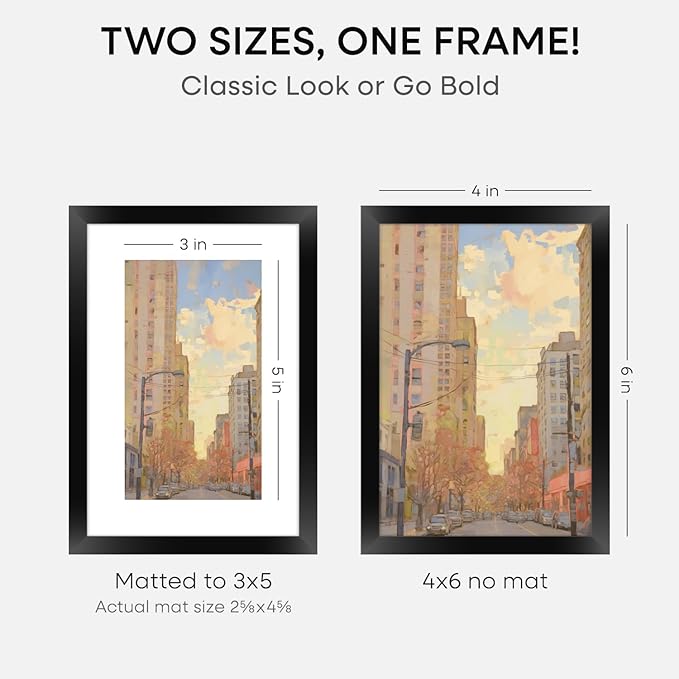 Homeforia 4x6 Picture Frame Black, High End Metal 4 x 6 Black Frames with Mat 3 x 5 for Art, 4x6 Desk Frame Matted to 3x5 inch Photo, 4 by 6 Wall or Tabletop Frames, Tempered Glass, Wall Kit, Set of 4