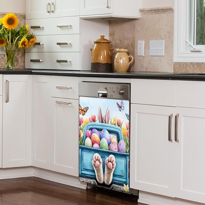 Easter Bunny Egg Truck Dishwasher Magnet Cover Front Dishwasher Cover Decor Reusable Magnetic Door Cover Panel Decal Home Appliances Stickers Kitchen Refrigerator Fridge 23"x26"