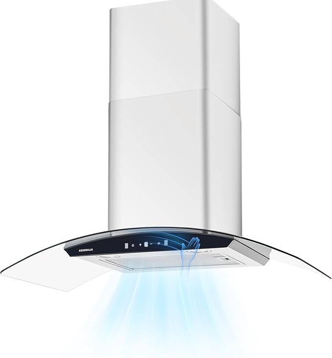 36 Inch Wall Mount Range Hood 700 CFM Ducted Vent Hood, Tempered Glass & Stainless Steel Filters - Gesture Sensing & Touch Control, 3-Speed, 2 LED Lights (Black Panel)