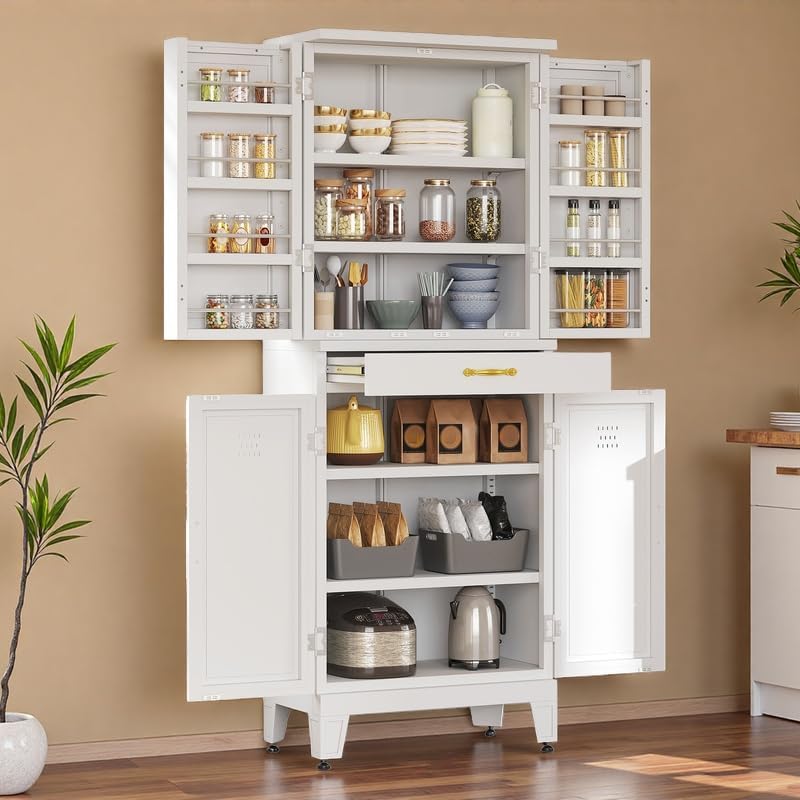 YITAHOME 71" Metal Pantry Cabinet with Drawer, Shelves & Door Racks, White