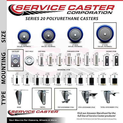Service Caster Brand Replacement Caster for Uline Caster H-7449SWB-Stainless Steel Swivel Top Plate Caster with 5 Inch Blue Polyurethane Wheel and Top Lock Brake- Fits Carts and Platform Trucks H-6348