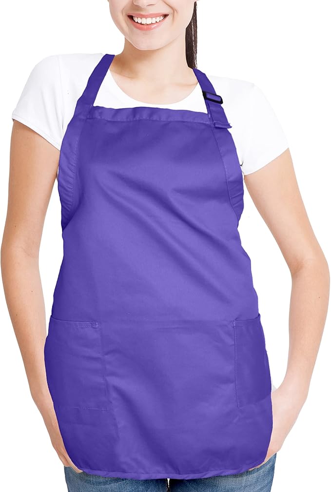 DALIX Apron Commercial Restaurant Home Bib Spun Poly Cotton Kitchen Aprons (2 Pockets) (2, Purple)