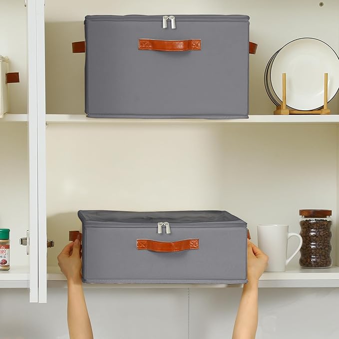 2 Pack Coffee Mug Storage Box with Dividers, Stackable China Storage Containers with Lid, Zipper, and Handles for 32 Mugs and Cups, Mug Storage Organizer for Packing & Moving, Gray