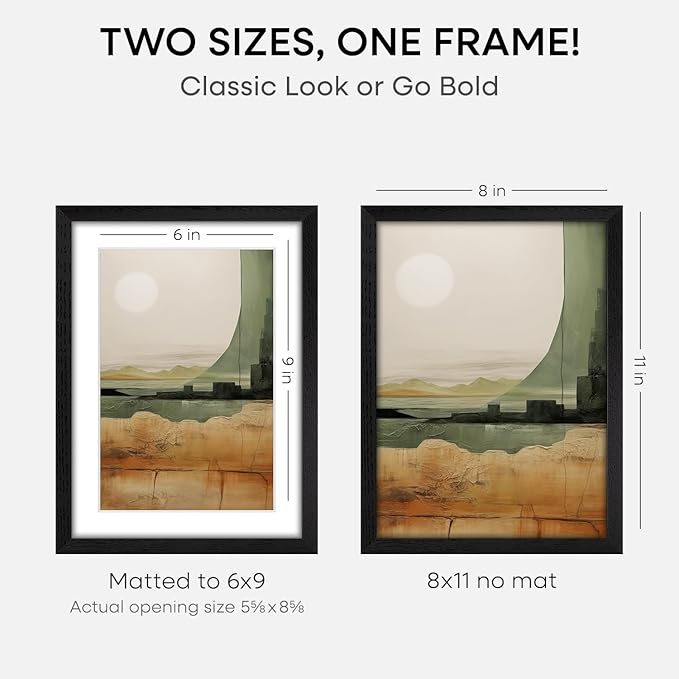 Homeforia 8x11 Black Picture Frame, High End Oak 8 x 11 Wood Frames with Mat 6 by 9 Print, 8by11 Wooden Frame Matted to 6x9 inch Photo, 11x8 Wall or Tabletop Frames, Tempered Glass, Wall Kit, Set of 1