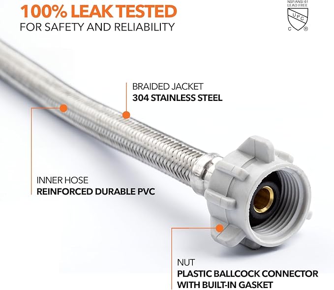 Stainless Steel Braided Water Connectors with Reinforced PVC Inner Hose for Toilets, 3/8" Compression x 7/8" Ballcock, 16" Length (5Pack)