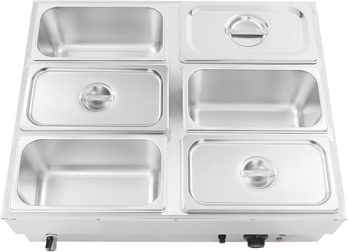 6-Pan Countertop Food Warmer Electric Steam Table for Buffet Commercial Stainless Steel Buffet Steam with 6 Stainless Steel Covers 110V 850W 6.7L Large Capacity (6 Pan/6.7L)