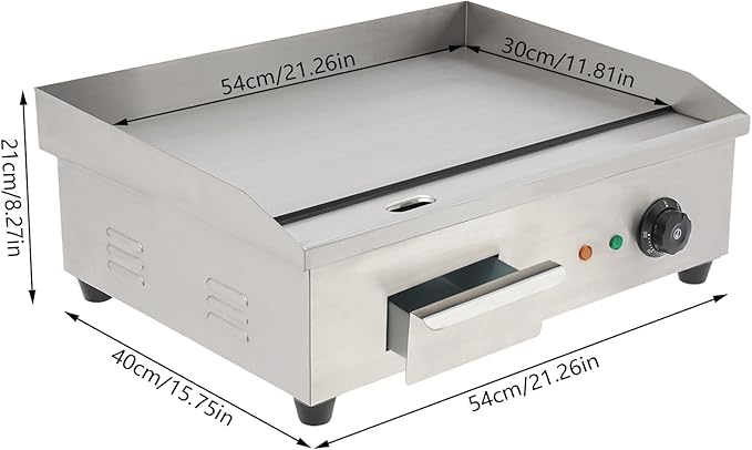 Commercial Flat Top Grill 110V 3000W 21.3x11.8in Electric Countertop Griddle, Non-stick Stainless Steel Teppanyaki Flat Top Grill, Thermostatic Control 122-572℉ for Restaurants