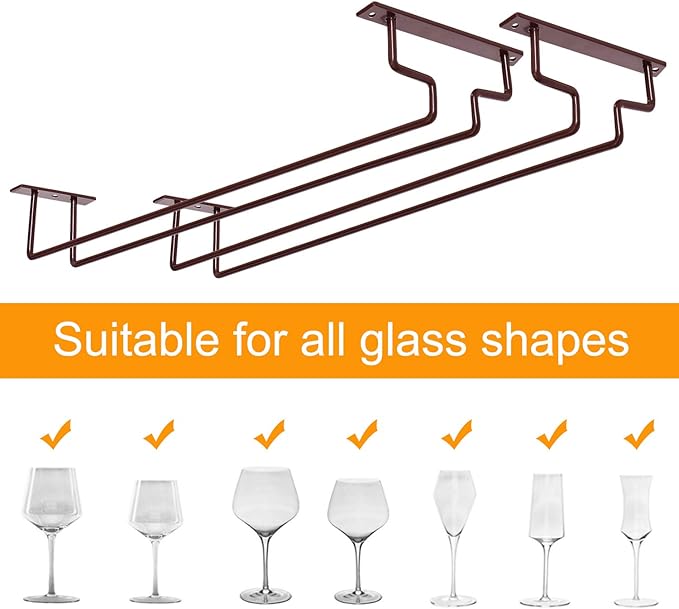 MOCOUM 2 Pack 15.6" Wine Glass Rack Under Cabinet Stemware Rack, Hanger Hold Up To 10 Wine Glasses for Cabinet Kitchen Bar (Brown, 2 pack)