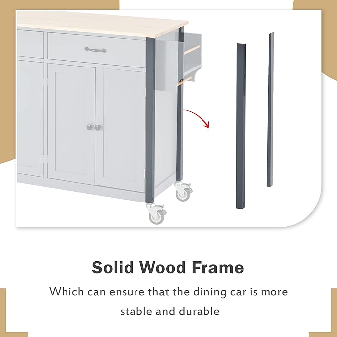 Favfurish Kitchen Island Cart on Locking Wheels with 4 Cabinet and 2 Drawers, Rolling Coffee Bar Trolley w/Solid Wood Tabletop, Adjustable Shelves, Spice & Towel Side Rack, for Dining Room, Gray