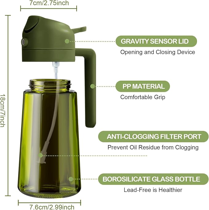 YARRAMATE 2Pcs 16oz/470ml Dark Green Oil Sprayer for Cooking with Stickers, Food-grade Premium 2 in 1 Olive Oil Dispenser Bottle for Kitchen Gadgets, Air Fryer, Salad, Frying, BBQ (Black&OliveGreen)
