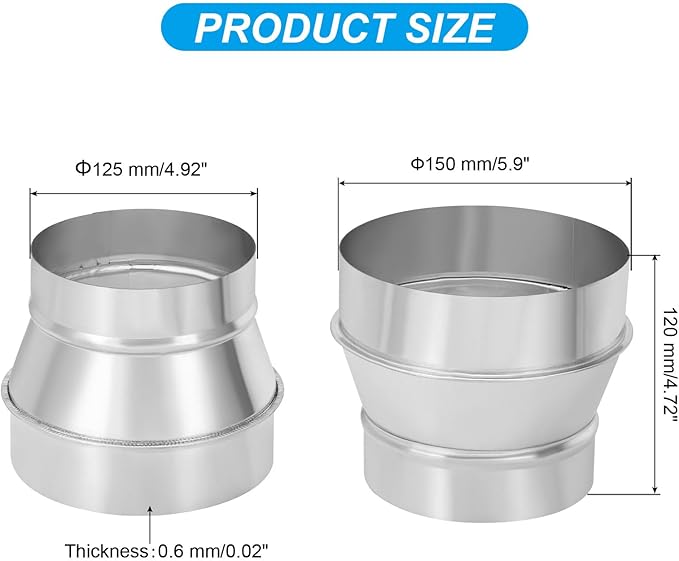 PATIKIL 6 Inch to 5 Inch Round Duct Reducer Increaser Connector, Galvanized Steel Air Duct Adapter Pipe Fitting for Bathroom Kitchen Inline Ventilation Systems, Silver Tone