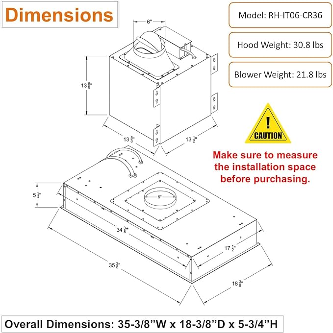Awoco 36”W Flush Ceiling Mount Split Insert Range Hood, Stainless Steel 4 Speeds 800 CFM, 6” Round Vent LED Lights Remote Control (36"W 19"D 6" Vent)