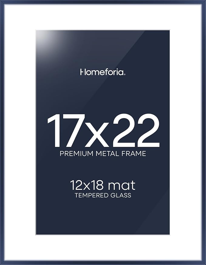 Homeforia 17x22 Picture Frame Navy Blue, High End Metal 17x22 Poster Frames with Mat 12x18 Photo, 17 x 22 Navy Blue Frame Matted to 12 by 18 Print, 22x17 Thin Frame, Tempered Glass, Wall Kit, Set of 1
