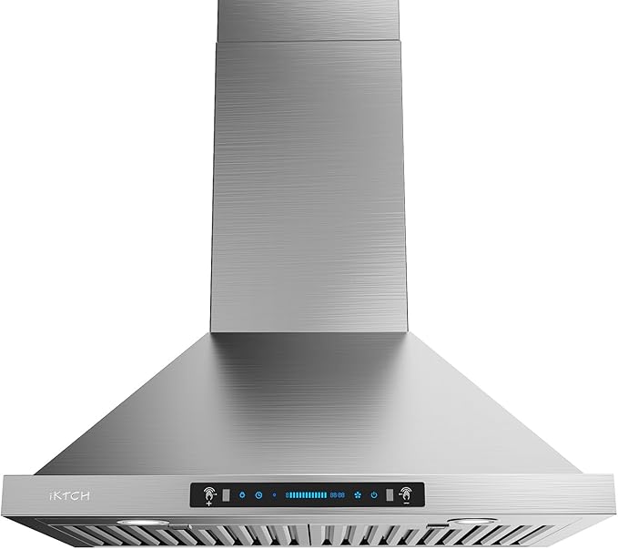 IKTCH 30-inch Wall Mount Range Hood 900 CFM Ducted/Ductless Convertible, Kitchen Chimney Vent Stainless Steel with Gesture Sensing & Touch Control Switch Panel, 2 Pcs Adjustable Lights(IKP02-30'')