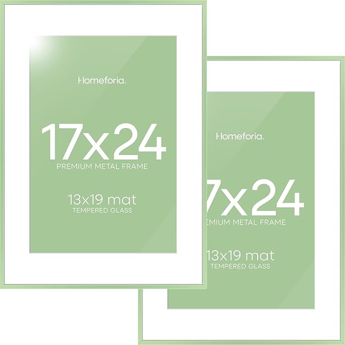 Homeforia 17x24 Picture Frame Sage Green, High End Metal 17x24 Poster Frames with Mat 13x19 Photo, 17 x 24 Sage Green Frame Matted to 13 by 19 Art, 24x17 Thin Frame, Tempered Glass, Wall Kit, Set of 2
