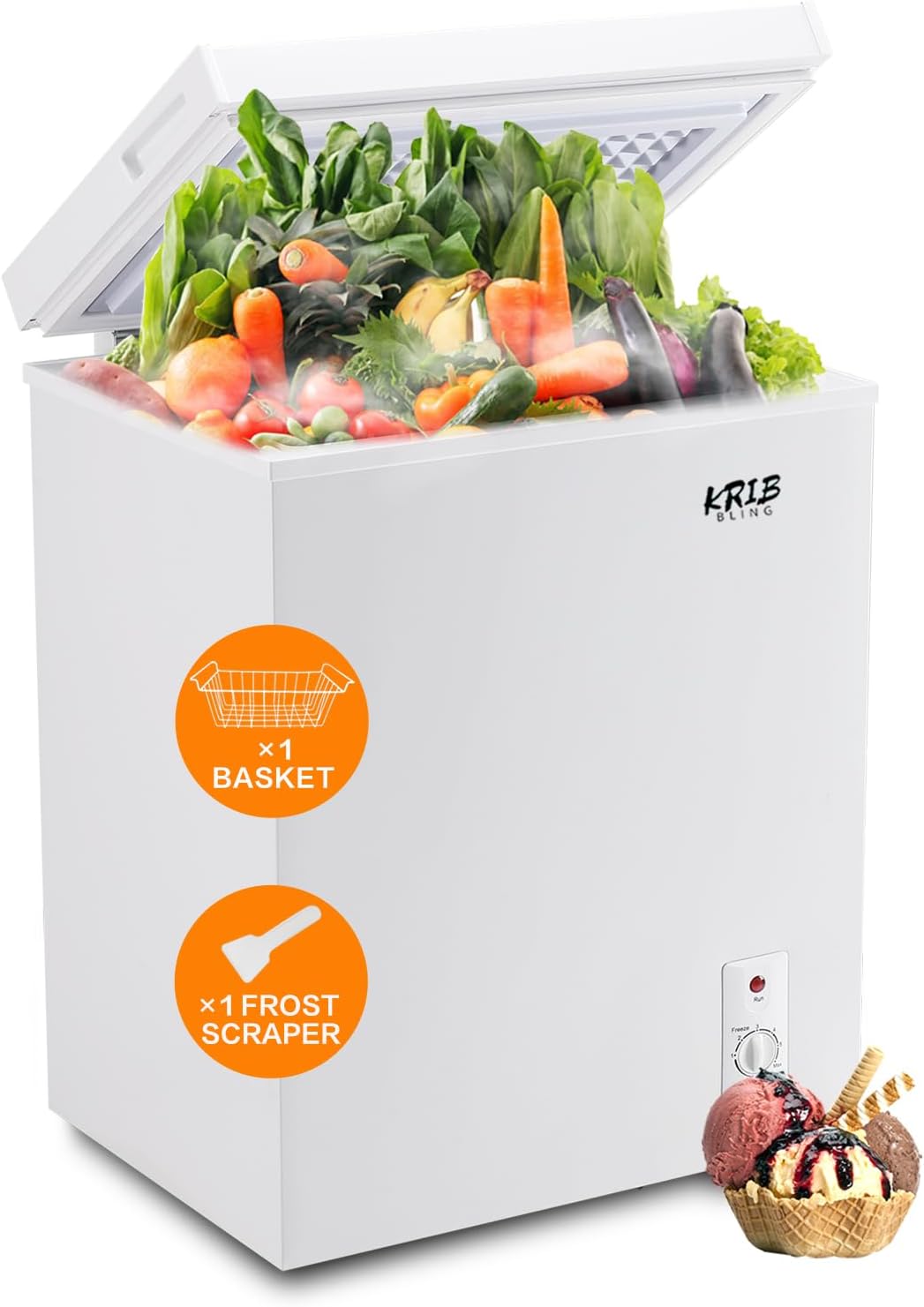 5.0 Cu.Ft Chest Freezer with a Removable Basket, Deep Freezer with 7 Gears Temperature Control (-16F to -48F), for House, Kitchen, Garage, Basement, Shop, White