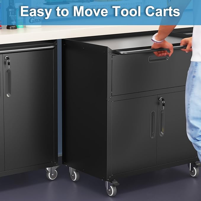 Black Garage Storage Cabinet with Drawers Metal Tool Cabinets on Wheels Heavy Duty Tool Storage Carts with Lock Rolling Tool Cart Mobile Cabinet for Warehouse Basement, Assembly Required