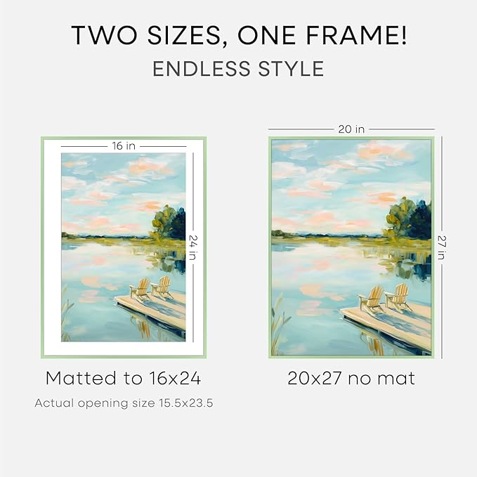 Homeforia 20x27 Picture Frame Sage Green, High End Metal 20x27 Poster Frames with Mat 16x24 Photo, 20 x 27 Sage Green Frame Matted to 16 by 24 Art, 27x20 Thin Frame, Tempered Glass, Wall Kit, Set of 2