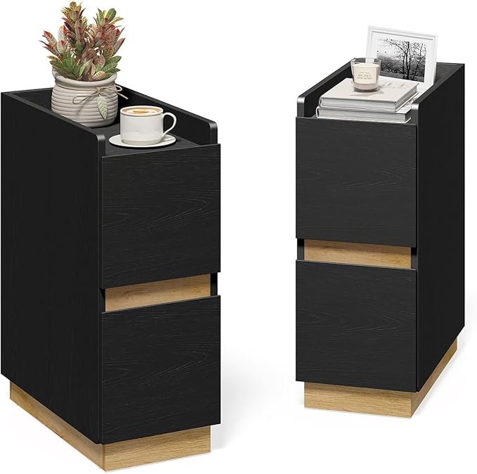 Narrow Night Stands, Modern Slim Nightstand Set of 2, Wooden Skinny Bedside Table 2 Drawers, Stackable Narrow Side Table with Drawers for Small Spaces, Bedroom, Living Room, Black