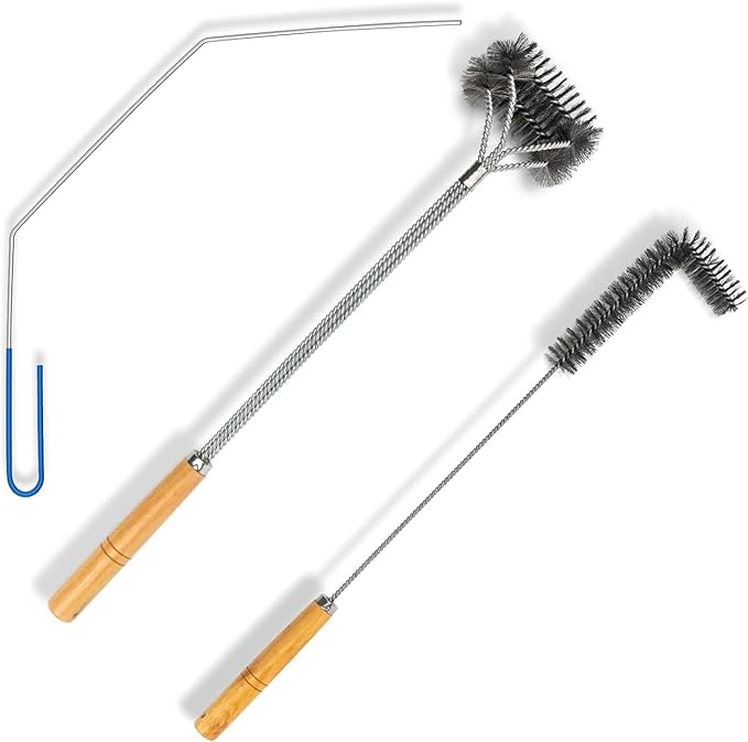 3Set Deep Fryer Cleaning Tools Including L-Shaped Fryer Cleaning Brush, Brass Bristles Stainless Deep Fryer Cleanout Rod Long Handle Deep Fryer Basket Cleaning Brush