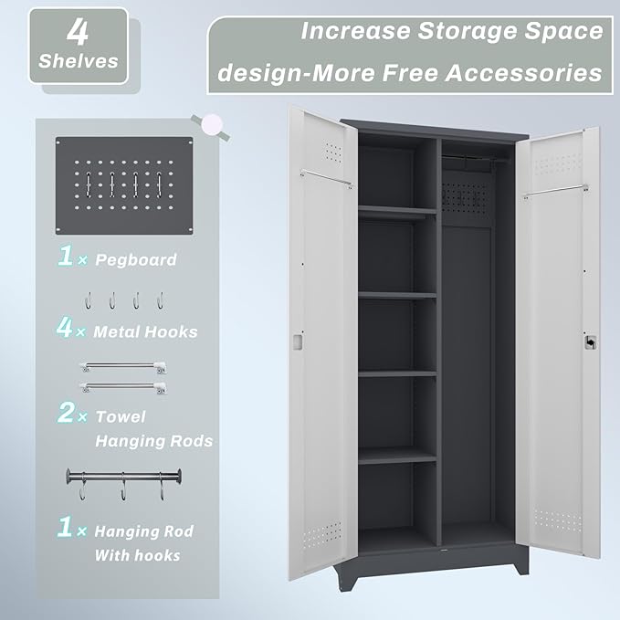 Metal Storage Cabinet,Broom Closet Storage Cabinet with Adjustable Shelves,Tall Utility Cabinet with Pegboard,Locking Storage Cabinets for Garage,Laundry,Basement,Grey-White