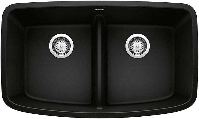 BLANCO Valea Silgranit 50/50 Double Bowl Undermount Low Divide Kitchen Sink, Coal Black