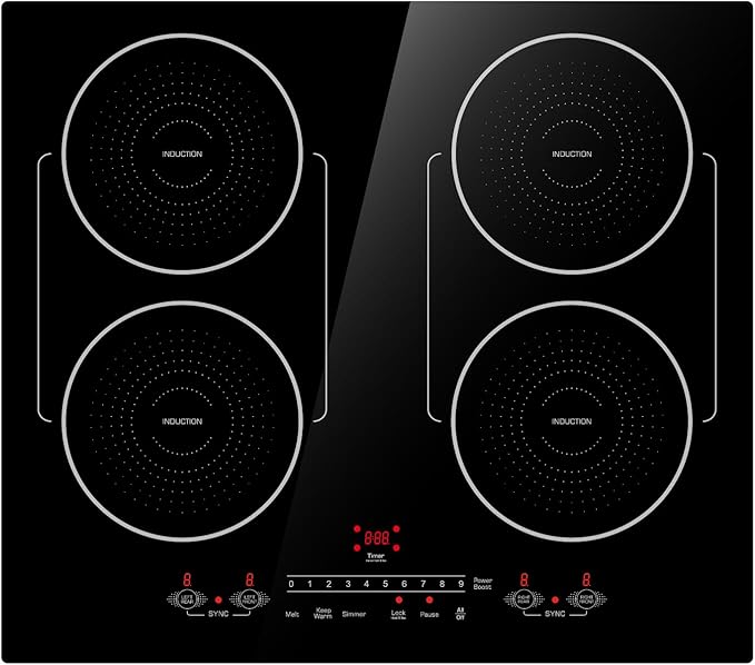 24 Inch Induction Cooktop 4 Burners, Flat Glass Top Electric Stove Hob with Bridge-SYNC, 3 Preset Modes Booster, Timer, Pause, Child Lock, Drop in, 208~240V/40A, Black