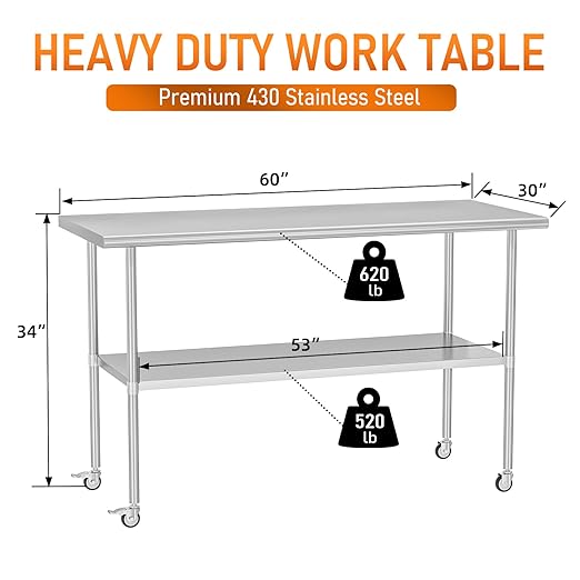 Stainless Steel Table with Wheels for Food Prep & Work 30" x 60" Utility Table with Adjustable Undershelf, Commercial Workstation in Kitchen, Garage, Outdoor BBQ